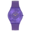 Swatch Skin Purple Time SS08V103 de frente: caja violeta traslúcida, esfera violeta y agujas doradas
