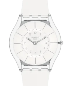 Primer plano de la esfera blanca del Swatch SS08K102-S14, con números grises y agujas plateadas