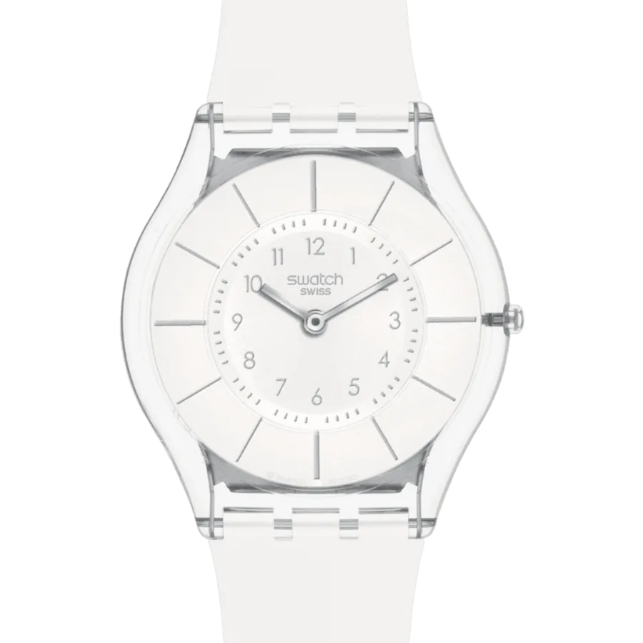 Primer plano de la esfera blanca del Swatch SS08K102-S14, con números grises y agujas plateadas