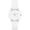 Swatch Skin White Classiness SS08K102-S14 de frente: caja transparente, esfera blanca y correa blanca