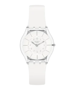 Swatch Skin White Classiness SS08K102-S14 de frente: caja transparente, esfera blanca y correa blanca