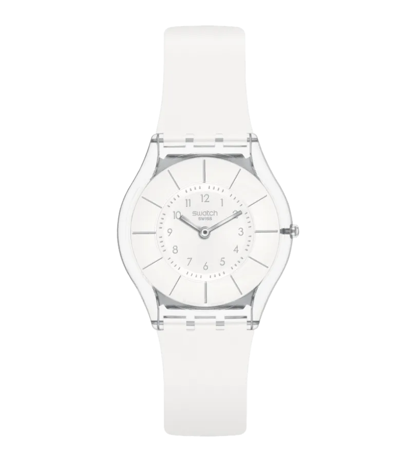 Swatch Skin White Classiness SS08K102-S14 de frente: caja transparente, esfera blanca y correa blanca