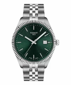 Vista frontal del Tissot Ballade 40 mm T156.410.11.091.00 con esfera verde y malla de acero.