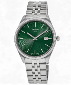 Tissot Ballade T156.410.11.091.00 con esfera verde tornasolada, índices aplicados y calendario.