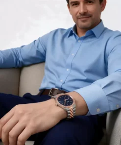 Hombre usando el Tissot Ballade 40 mm con camisa azul y ropa informal.