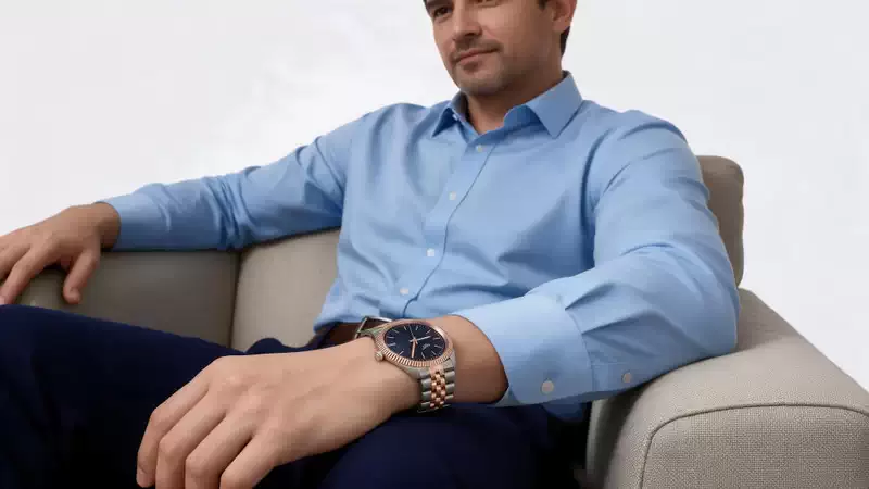 Tissot Ballade para hombre con esfera azul, bisel color oro rosa y malla de acero bicolor.