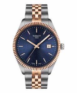 Vista frontal del Tissot Ballade 40 mm T156.410.22.041.00 con esfera azul y malla bicolor