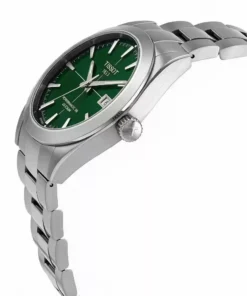 Perfil del Tissot Gentleman con esfera verde, corona y malla de acero