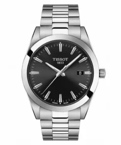 Vista frontal del Tissot Gentleman 40 mm T127.410.11.051.00 con esfera negra y malla de acero -UNITIME Argentina