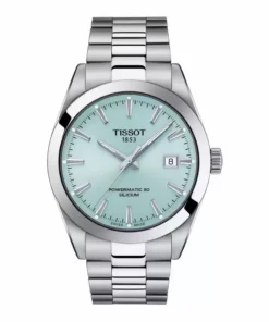 Vista frontal del Tissot Gentleman automático con esfera verde agua, índices plateados y fecha a las 3