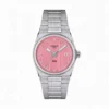 Reloj Tissot PRX 35 mm T137.210.11.331.00 con esfera rosa y malla de acero integrada, vista frontal en el Showroom de Unitime Argentina
