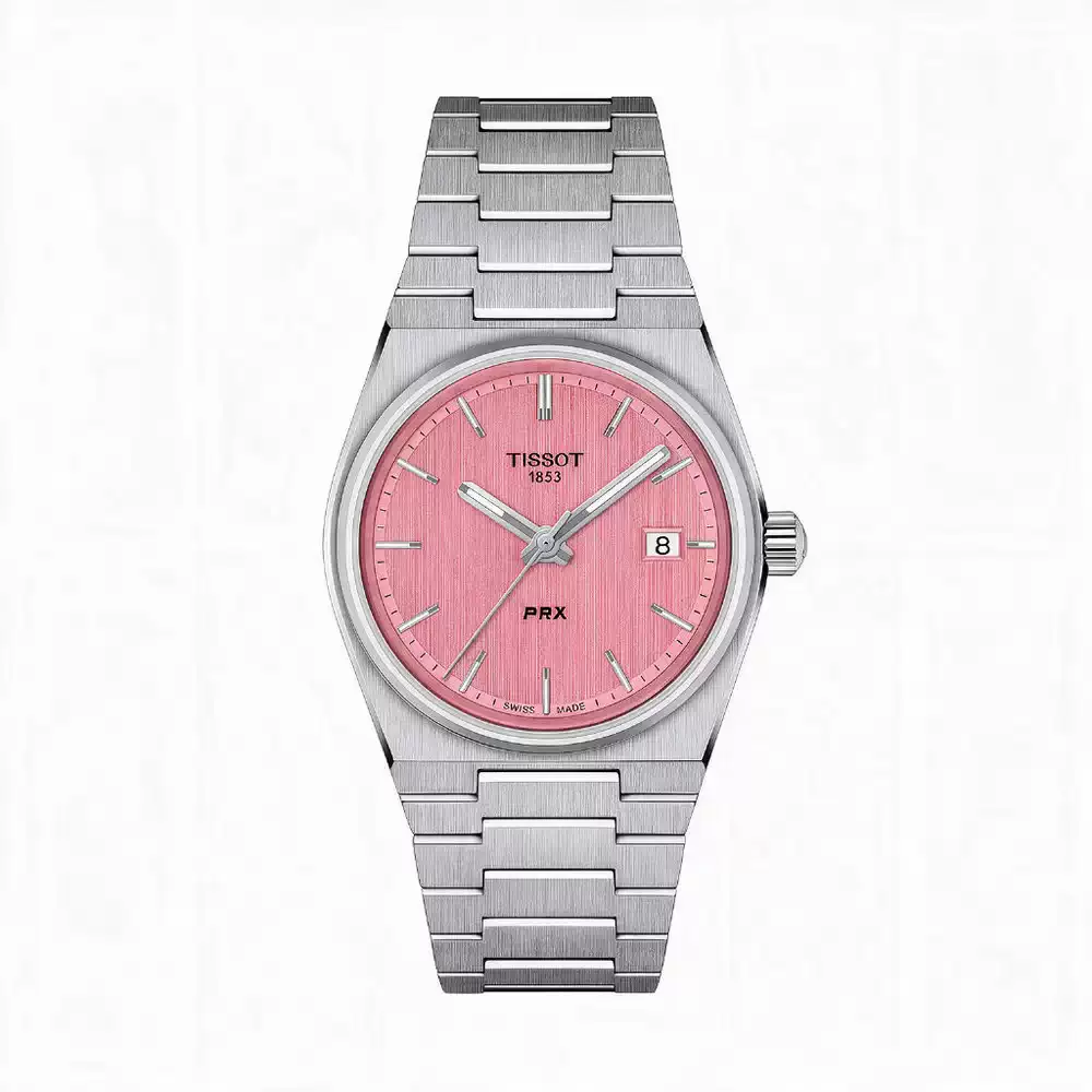 Reloj Tissot PRX 35 mm T137.210.11.331.00 con esfera rosa y malla de acero integrada, vista frontal en el Showroom de Unitime Argentina