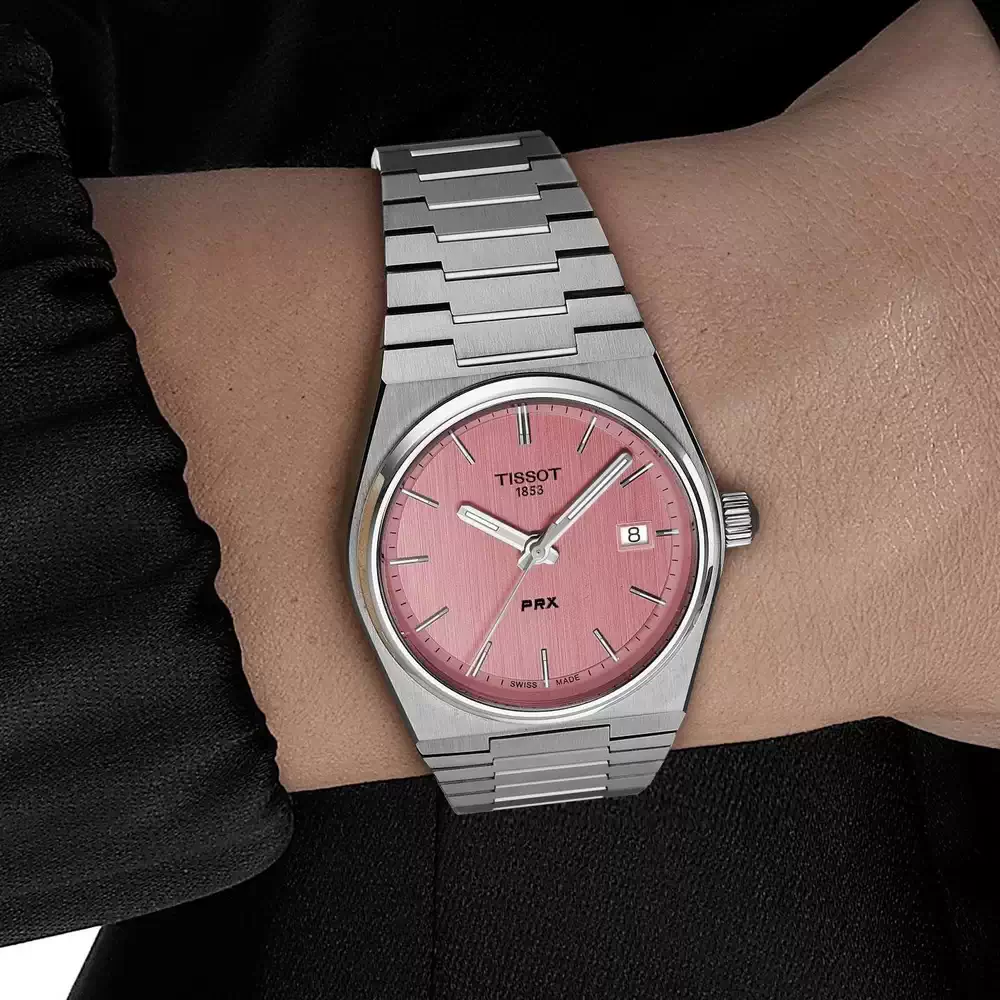 Reloj Tissot PRX 35 mm T137.210.11.331.00 con esfera rosa y malla de acero integrada, en Unitime Argentina