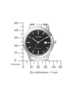 Medidas de caja y brazalete del Citizen AW1231-58E sobre fondo blanco