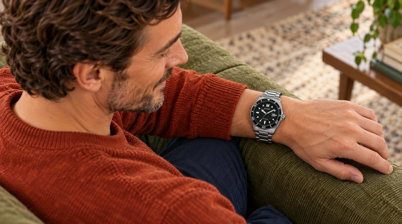 Citizen AW1760-81E en la muñeca de un hombre sentado en un sofá